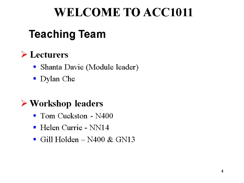 4 Lecturers Shanta Davie (Module leader) Dylan Che  Workshop leaders Tom Cuckston -
